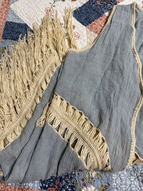 Vici Light Blue Sleeveless Boho Top with Cream Crochet Trim